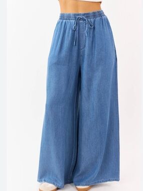 Wide Leg Drawstring Denim Pants - Medium Blue